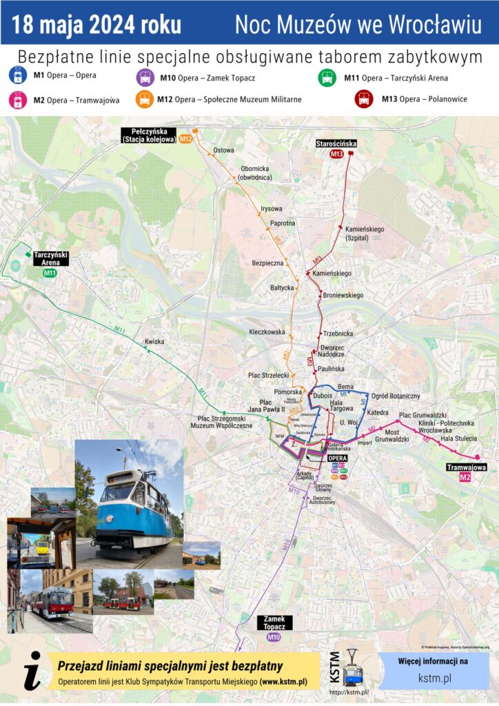 mapa tras zabytkowych linii autobusów i tramwajów w Noc Muzeów we Wrocławiu 18 maja